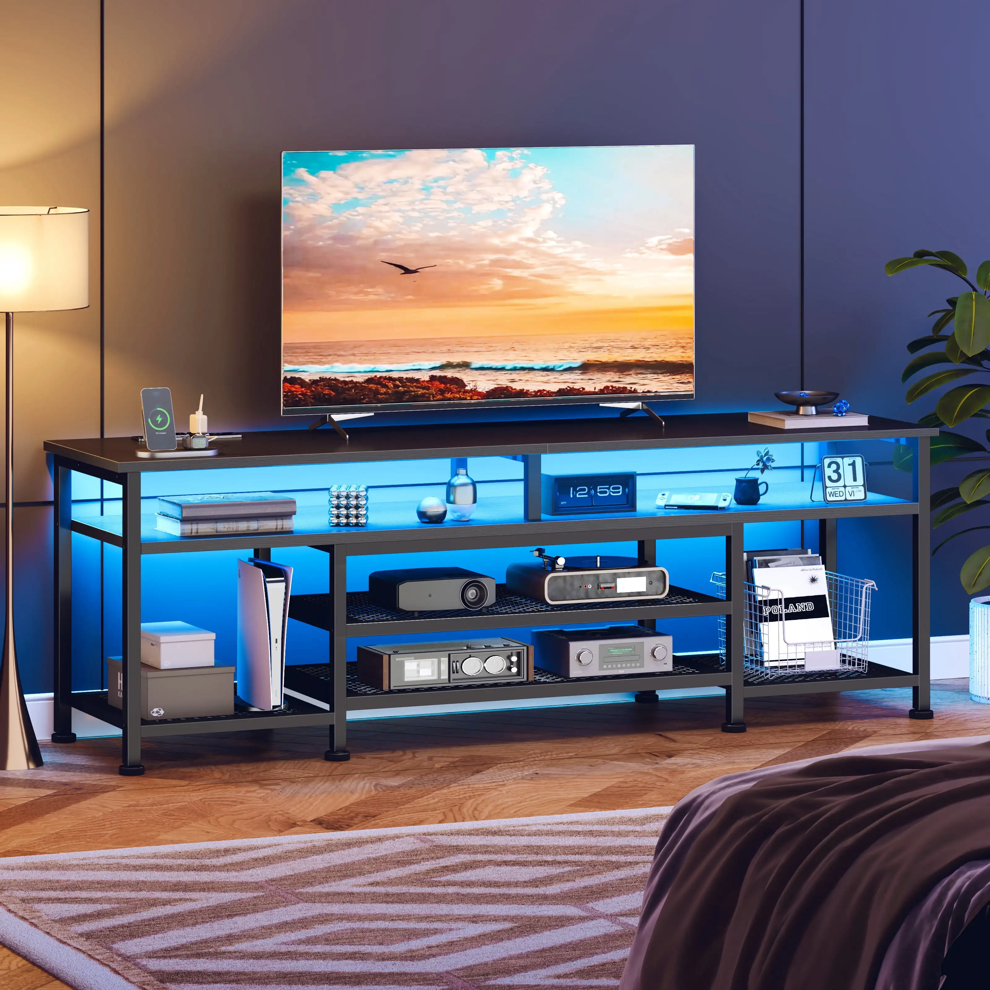Modern TV Stand for 75-80 inch TV, Media Console with Storage for Living Room, LED Entertainment Center with Outlets, Black