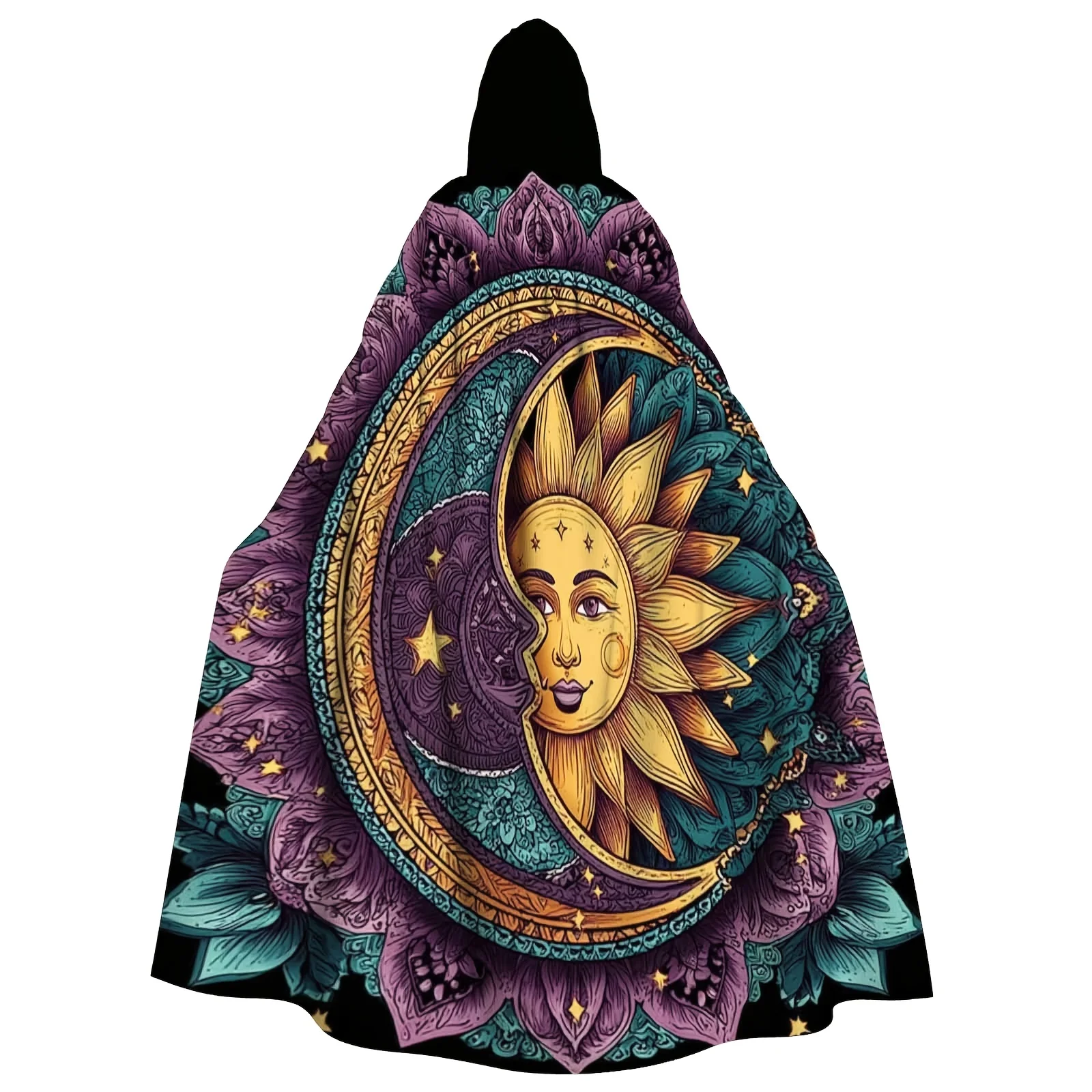 

Bohemian Celestial Adult Cloak Robe with Sun Moon Mandala Print - Multicolor Hooded Cape Golden Purple Hues Machine Washable