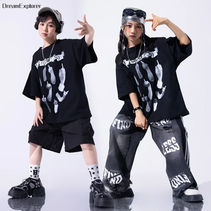 Boys Streetwear Street Dance Graffiti T-shirt Ripped Jeans Girls Hip Hop Shorts Clothes Sets Kids Jazz Denim Pants Teen Costumes