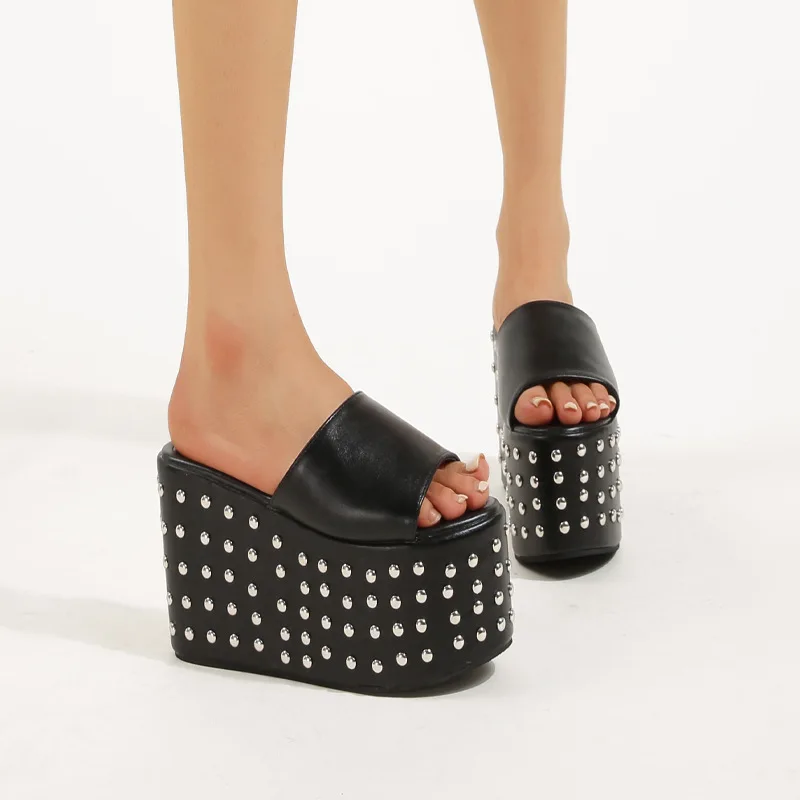 Studded Women\'s Platform Sandals High Heels Wedge Open Toe Slip On Backless Mules Summer Slippers Shoes Big Size