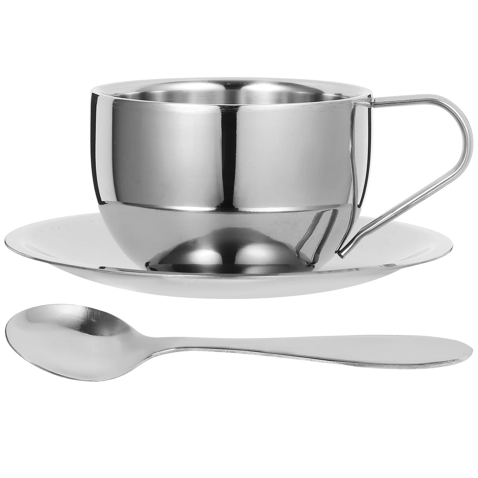 

1 set 1 Set Stainless Steel Coffee Cup Saucer Spoon Tea Cup Set For Home Office Gift Latte Cappuccino Mug Cups With Saucers