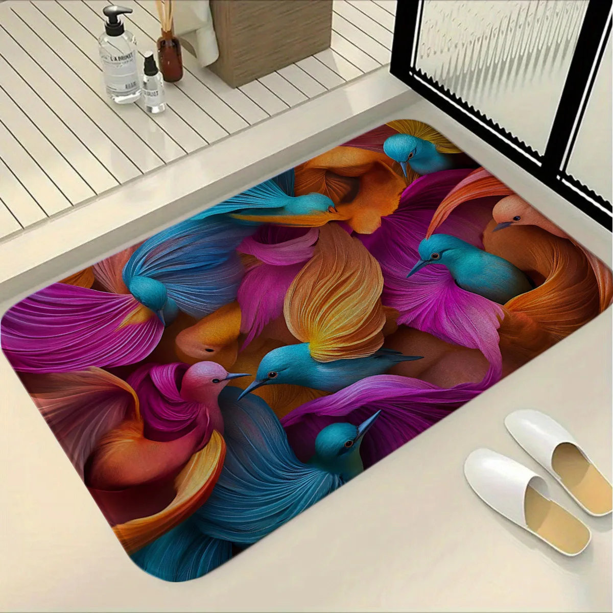 Colorful Birds Printed Flannel Bath Mat With Artistic Feather Design Soft Non Slip Rug For Bathroom Or Bedroom Decor