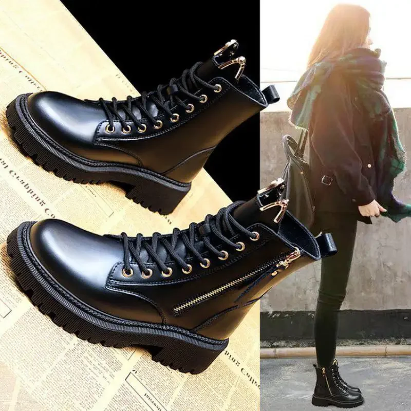 2024 New Women\'s Pu Leather Ankle Boots Women Autumn Winter Round Toe Lace Up Shoes Woman Fashion Motorcycle Platform Botas