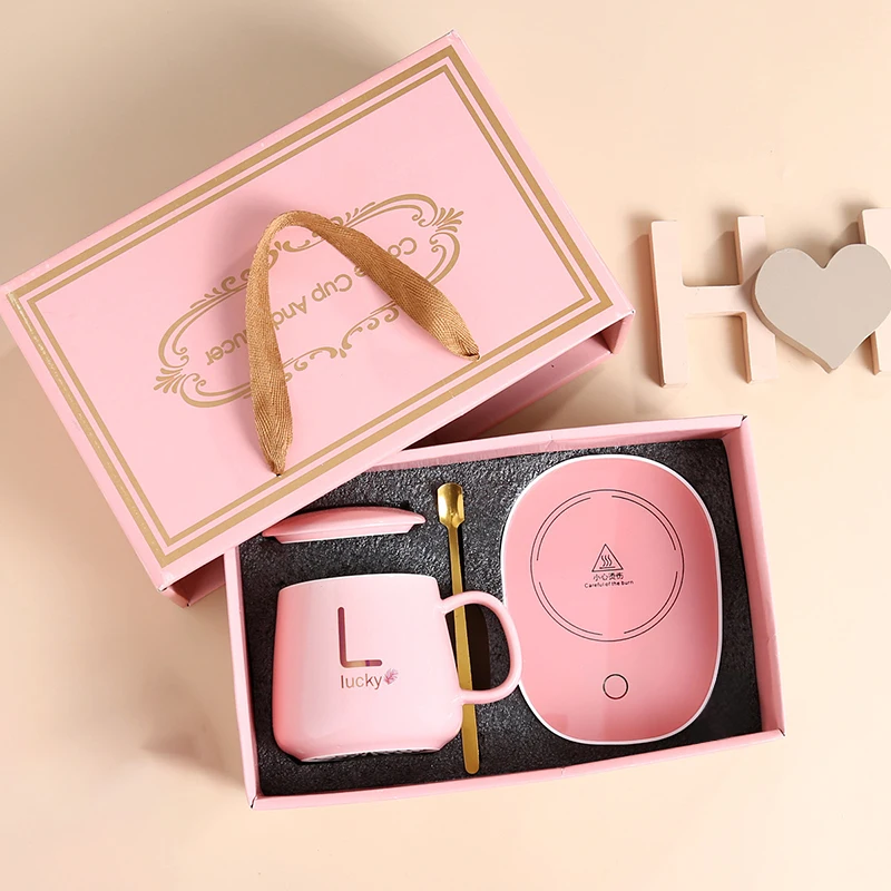 

Подарочный набор ко Дню святого Валентина 55. ℃ Кружки с термостатом, керамическая чашка с крышкой и ложкой, кофейная кружка для офиса или домашнего использования, портативная Mea