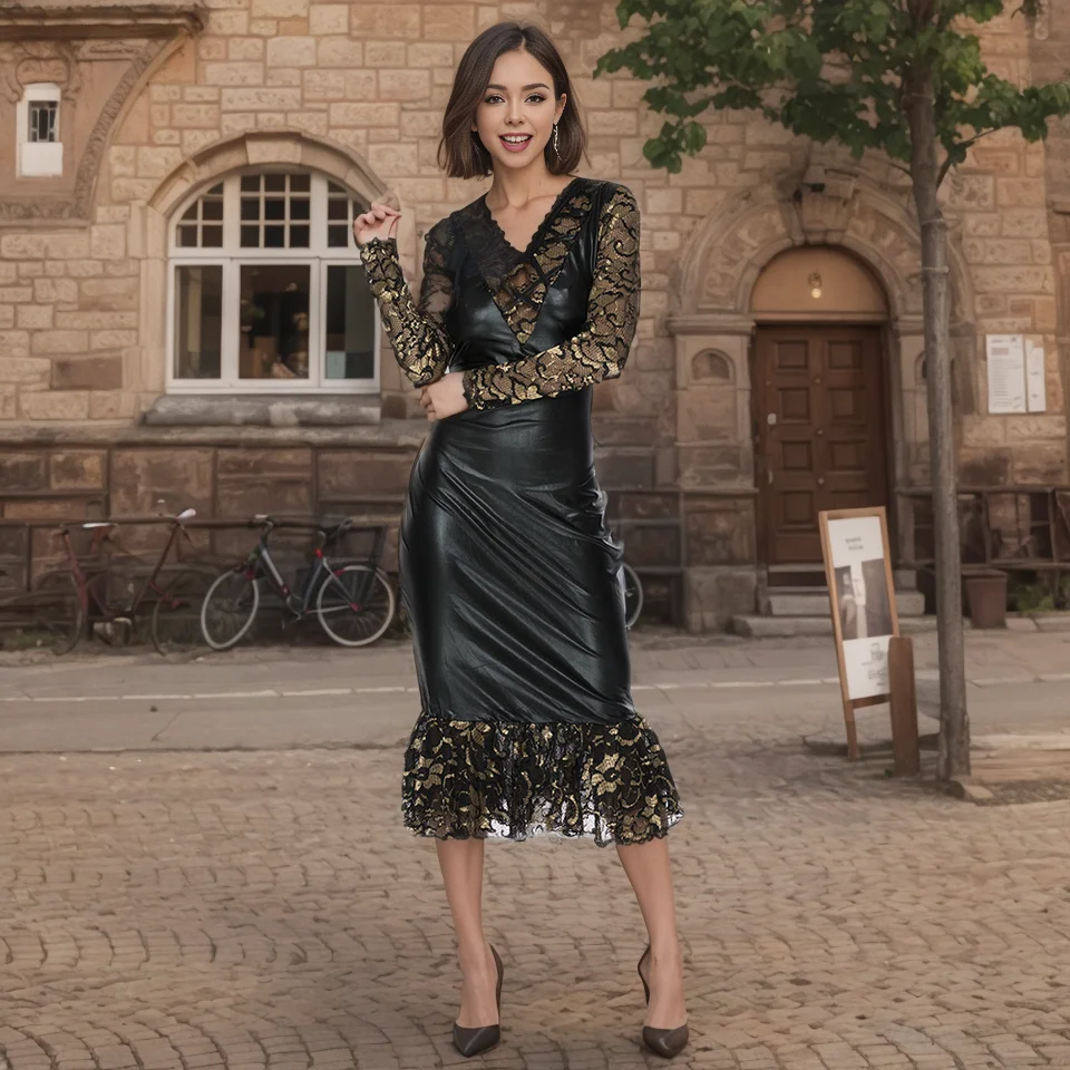 Women's Black Floral Lace Mesh Maxi Dress Sheer Sexy Vintage Long Sleeve Bodycon Dresses