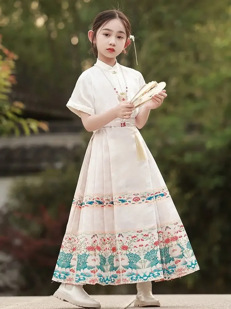 ม้าหน้ากระโปรงสําหรับสาวฤดูร้อนเด็กเสื้อผ้าโบราณจีน Hanfu ชุดสไตล์แห่งชาติทุกวัน Ming Dynasty เครื่องแต่งกาย