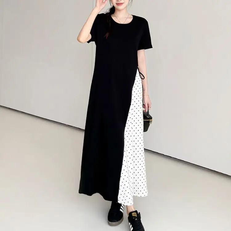 Couleur Blo ort Sve longue Dr grande taille femmes coupe ample minceur à pois t-shirt robe taille haute jupe trapèze