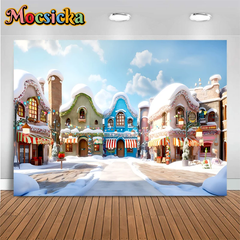 

Mocsicka Blue Sky White Clouds Photography Background Christmas Props Snowscape Various Houses Decor Backdrop Studio Photobooth