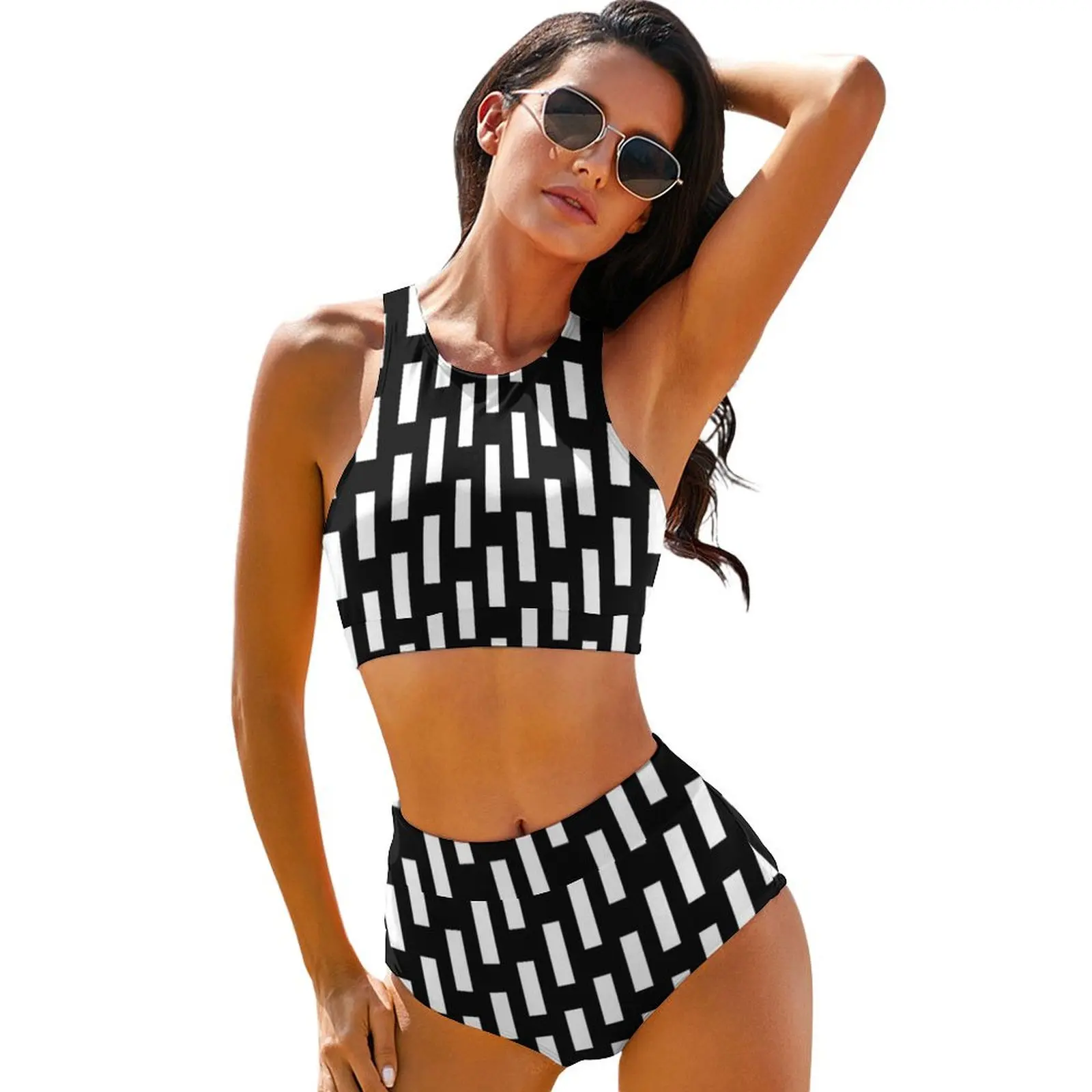 

Sexy Nordic Lines Print Bikinis Set Discontinuous Line Bikini Swimsuit High Waist Swimwear Design Feminine Bikinis Beach Wear