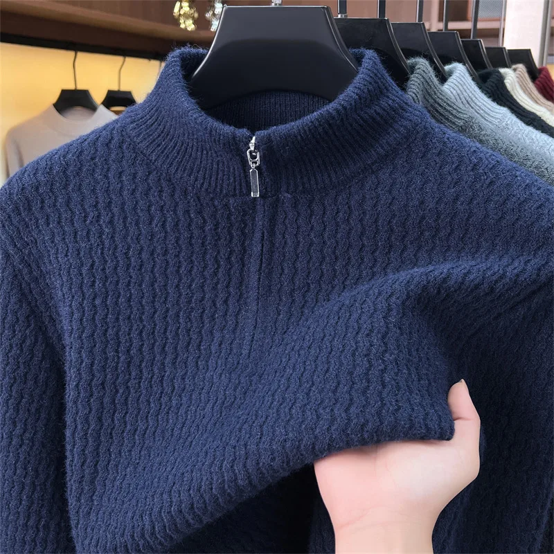 Fashion wave pattern jacquard knitted sweater men's high-end half zipper stand up collar pullover new comfort winter warm top