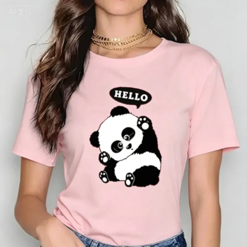 New Listing Harajuku Lovely Ladies' Short-sleeved Cotton T-shirt with Panda Pattern Print, Fun Ladies' Leisure Street