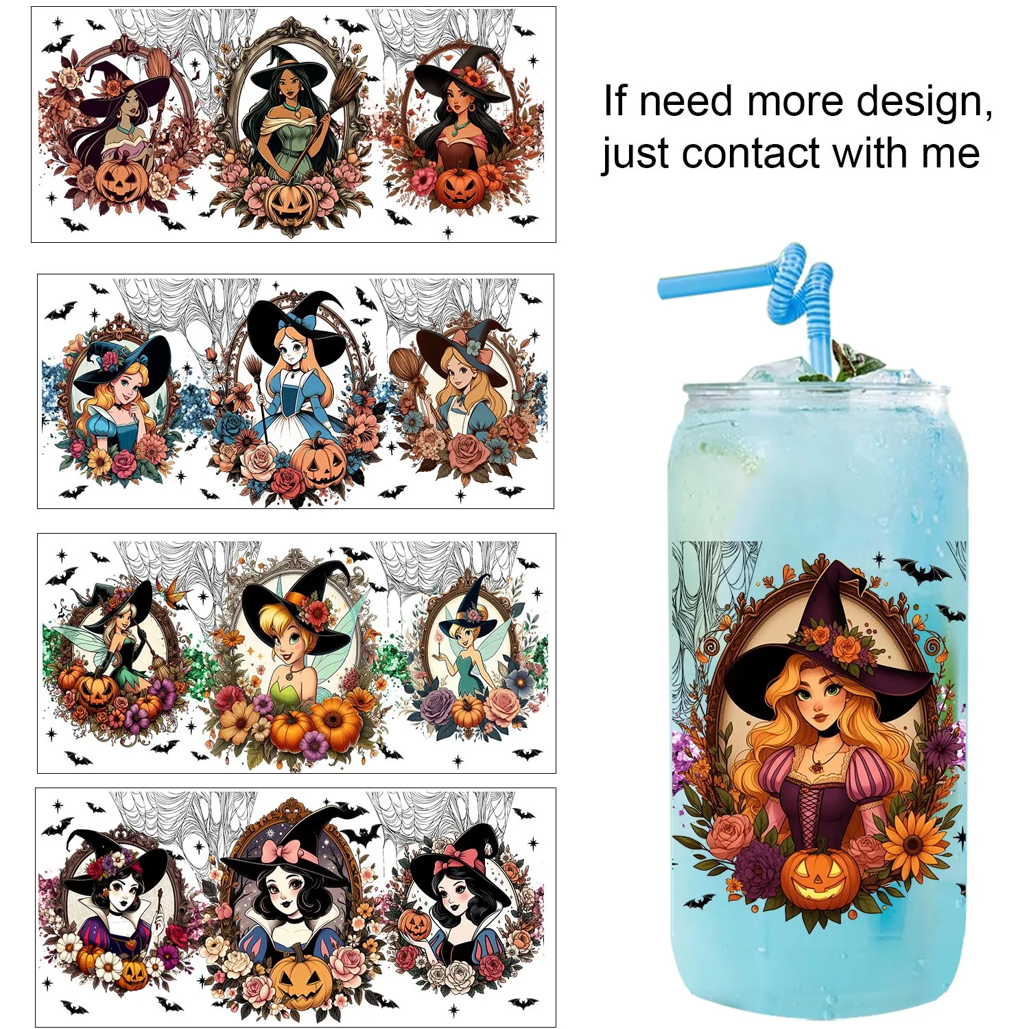 

Popular Halloween Princess easy peel waterproof Party DIY Decals 3D transfers uvdtf tumbler seal stickers 16oz uv dtf cup wraps