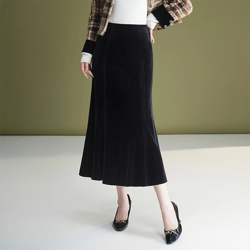 

Bla Velvet Fi Tail Skirt Women's Autumn Winter Sle High Waist Slim Fit Ele Simple Design Full Body Skirt