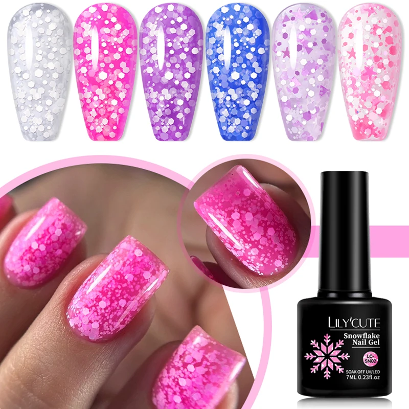 LILYCUTE 7ML Snowflake เจลเล็บกึ่งถาวร UV เจลสีชมพูสีขาวหิมะเลื่อมเจลเล็บ Art Design เคลือบเงาเล็บ