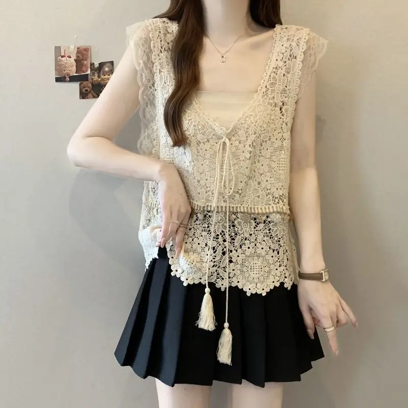 

Bohemian Crochet Lace-Up Open-Back Tank Top for Women Summer Tops