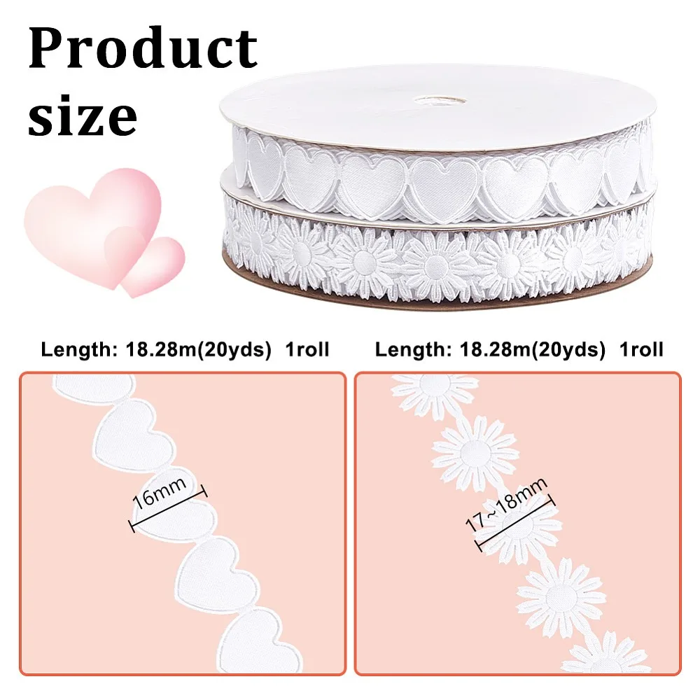 2 Rolls 2 Styles Heart Flower Polyester Lace Ribbon White 5/8~3/4 inch(16~18mm) 1 roll/style