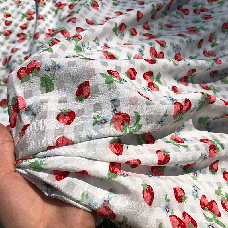 European and American Brand Haute Couture Small Strawberry Lattice Pattern Digital Printing DIY Soft Shirt Fabric for Clothing