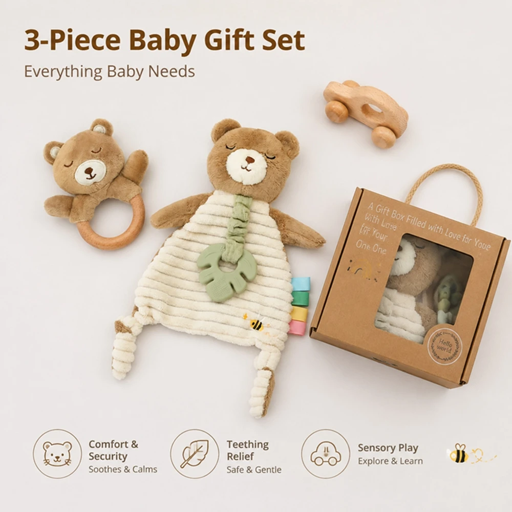 Cute Bear Baby Comforter Blanket Set Plush Security Lovey Rattle Toy Infant Sensory Montessori Educational Soothing Baby Shower