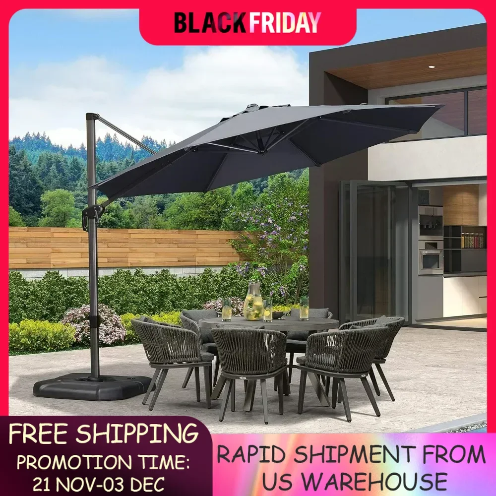 11 Feet Patio Umbrella with Base Outdoor Cantilever Round Umbrella Offset with 360-degree Rotation Outdoor Umbrella