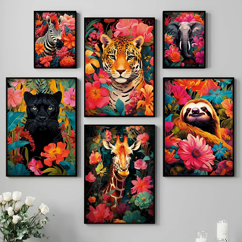 (No frame)1pcsGiraffe Zebra Elephant Leopard Sloth Jungle Animals Flowers Poster Wild Life Print Canvas Paintings Wall Art Ho