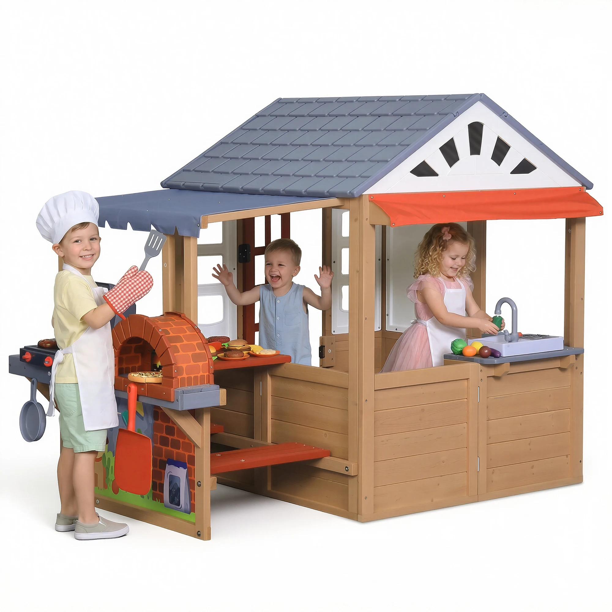 Kids Outdoor Kitchen Accessories - Kids Wooden Playhouse with 17-Piece Kitchen