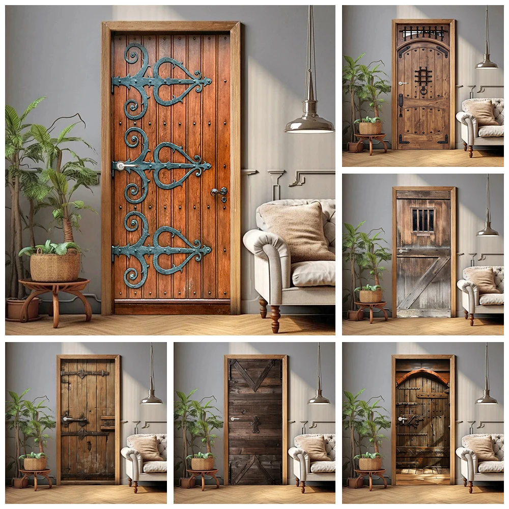 

Retro Wood Grain Texture Background Door Cover Stickers Peel and Stick, Vintage Brown Wooden Full Door Wrap Wallpaper Decoration