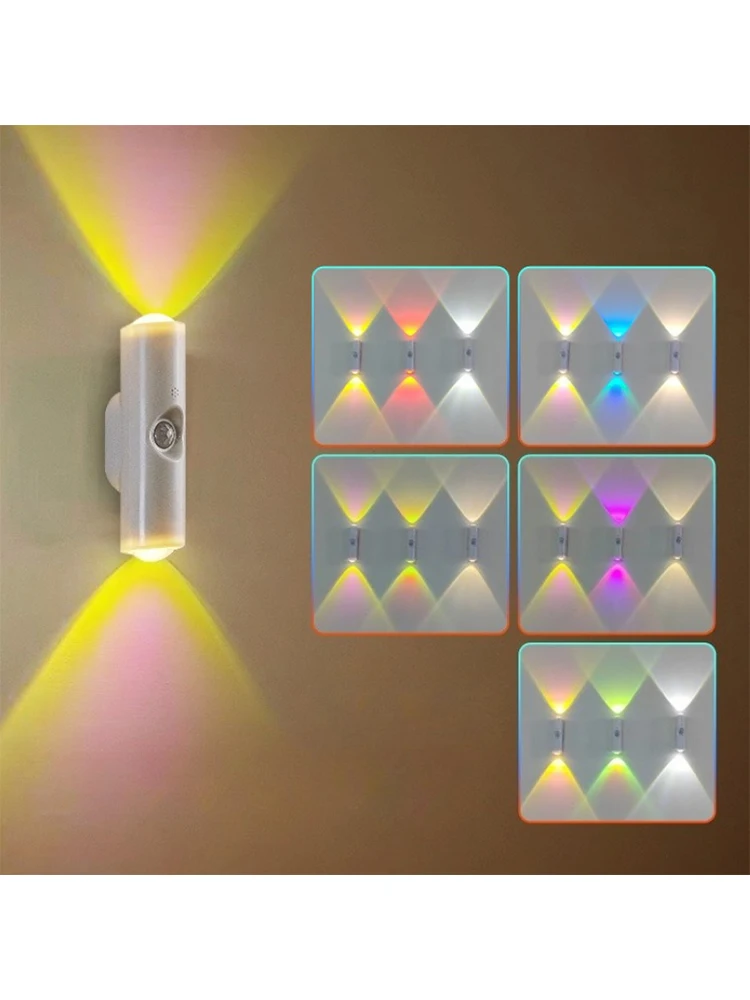 Lampka nocna LED z podwójną głowicą, czujnikiem ruchu, RGB, ładowalna, magnetyczna, lampka ścienna, nastrojowe oświetlenie ambientowe do szafek, przedpokoju, na schody. — zdjęcie 2