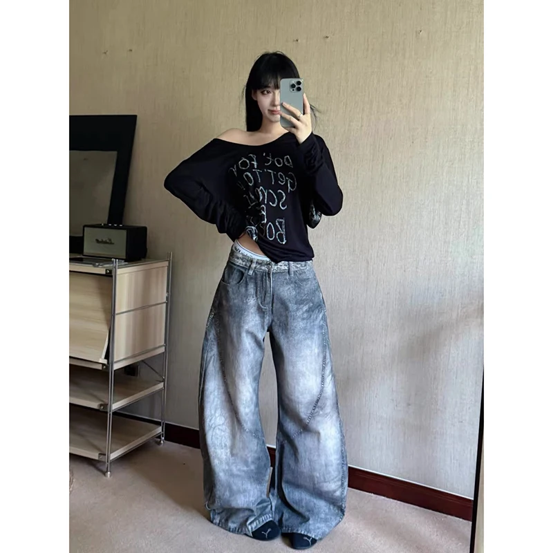 ZHIZOU Женские мешковатые широкие джинсы Серые джинсовые брюки Американский винтаж 2000-х годов Bleach High Street Y2K Японский Harajuku Ковбойский гранж