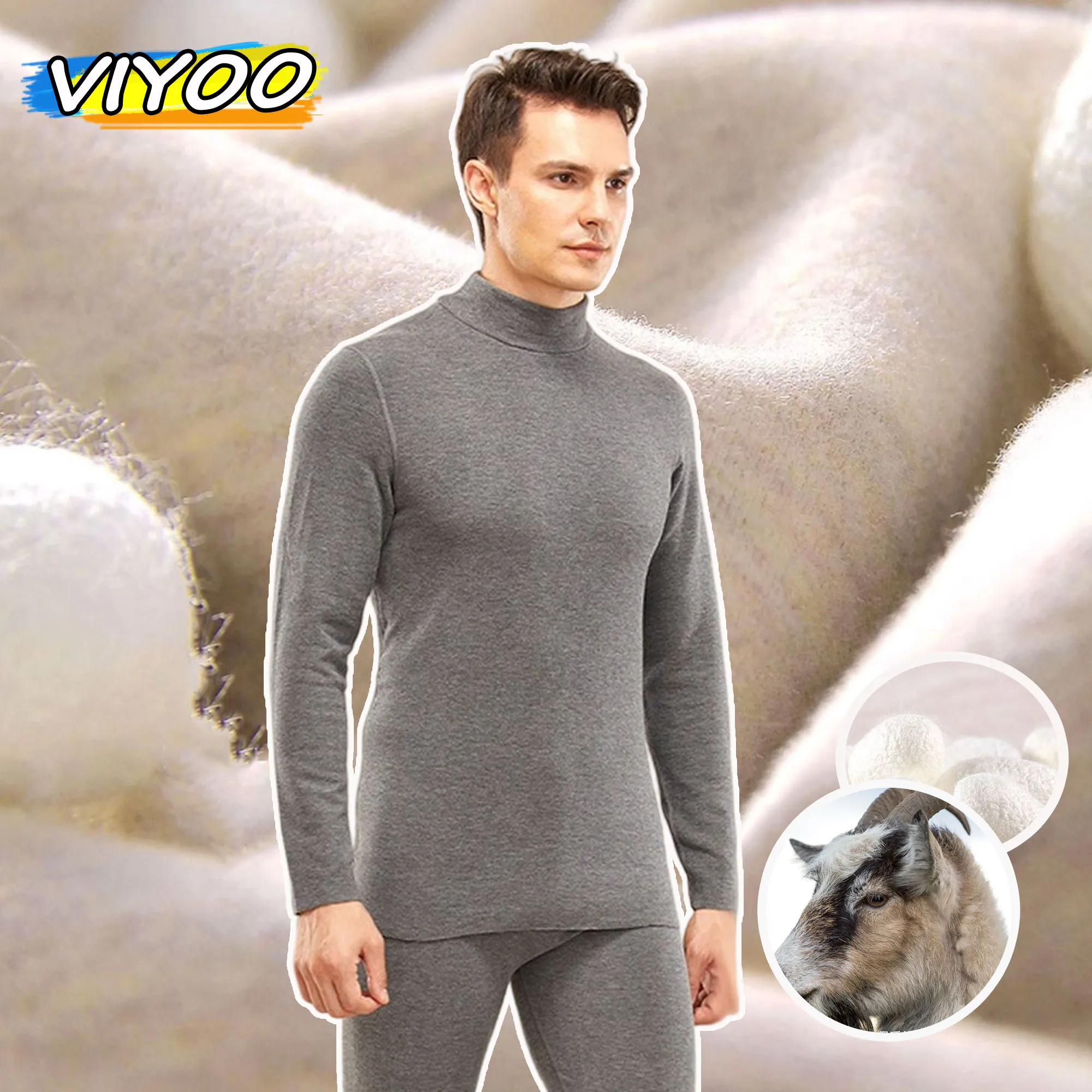 Men's Winter Thermals Clothes Sets Suits Cashmere Turtleneck Sweater Blouse + Pants 2 Pic Undershirts