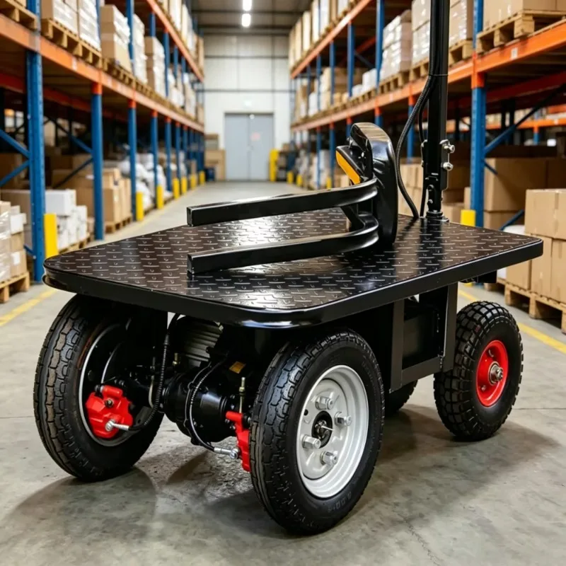Sit-on Industrial Electric Flatbed Cart Rear Seat Design 800kg Capacity High-Visibility Powered Platform Truck Heavy Loads