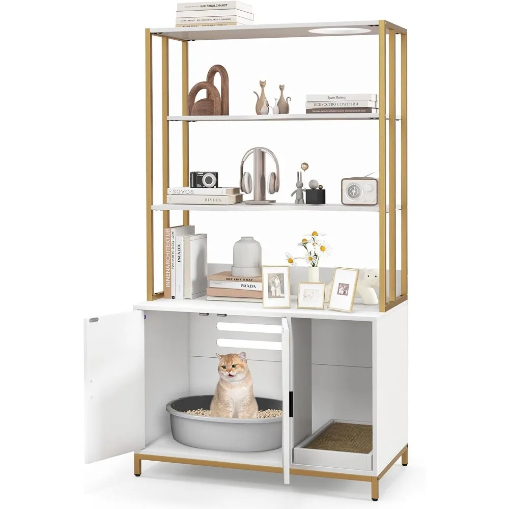 

Cat Litter Box Furniture with 3 Shelves and Doors, 61 inch Tall Cat Box Enclosure with Display Shelves, Scratching Pad