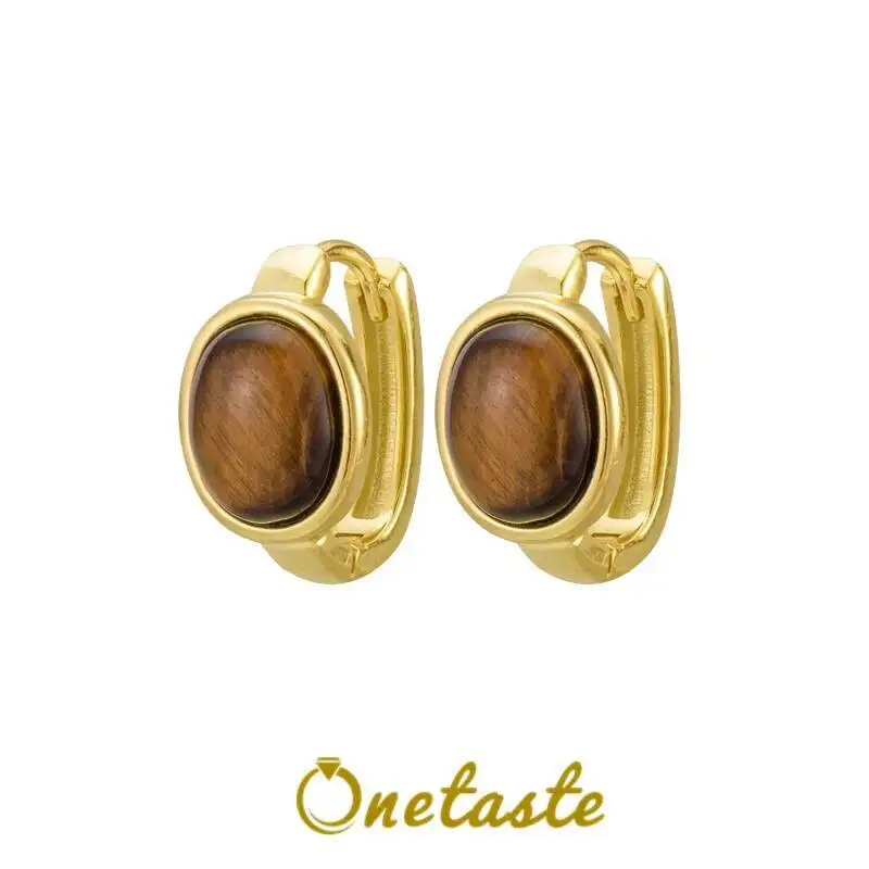 

CLEARANCE Oval Tiger's Eye Stone 925 Sterling Silver Huggie Hoop Earrings For Women Lightweight Trendy Minimalist Earring Gift