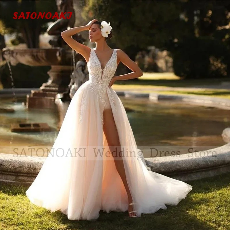 

Elegant Sexy V-Neck Side Split Lace Wedding Dress for Women A-Line Sweep Train Backless Bridal Gowns Vestido De Novia Custom