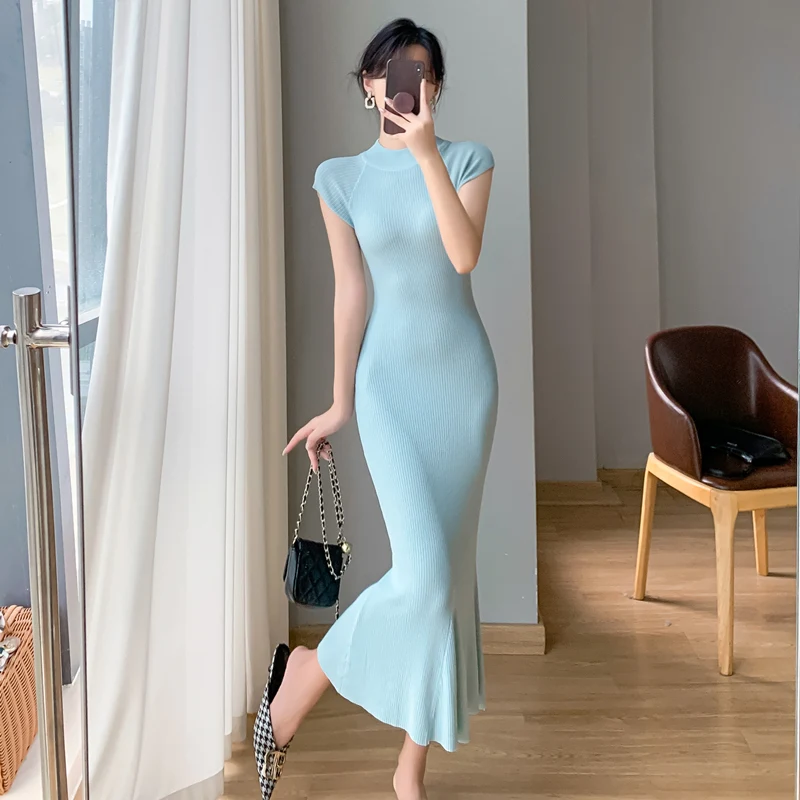 

2024 spring and summer ice silk knitted dress female stepmother hip-hugging tight sexy royal sister dress slim fishtail skirt