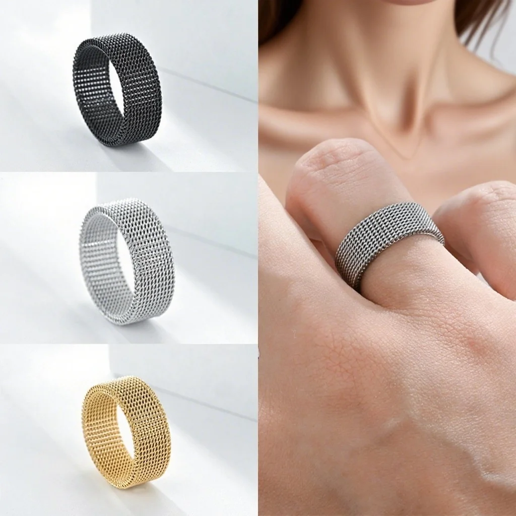 Stainless Steel 8MM Grid Mesh Ring Simple Unisex Jewelry for Party Valentine's Day Size 6-13 Wholesale