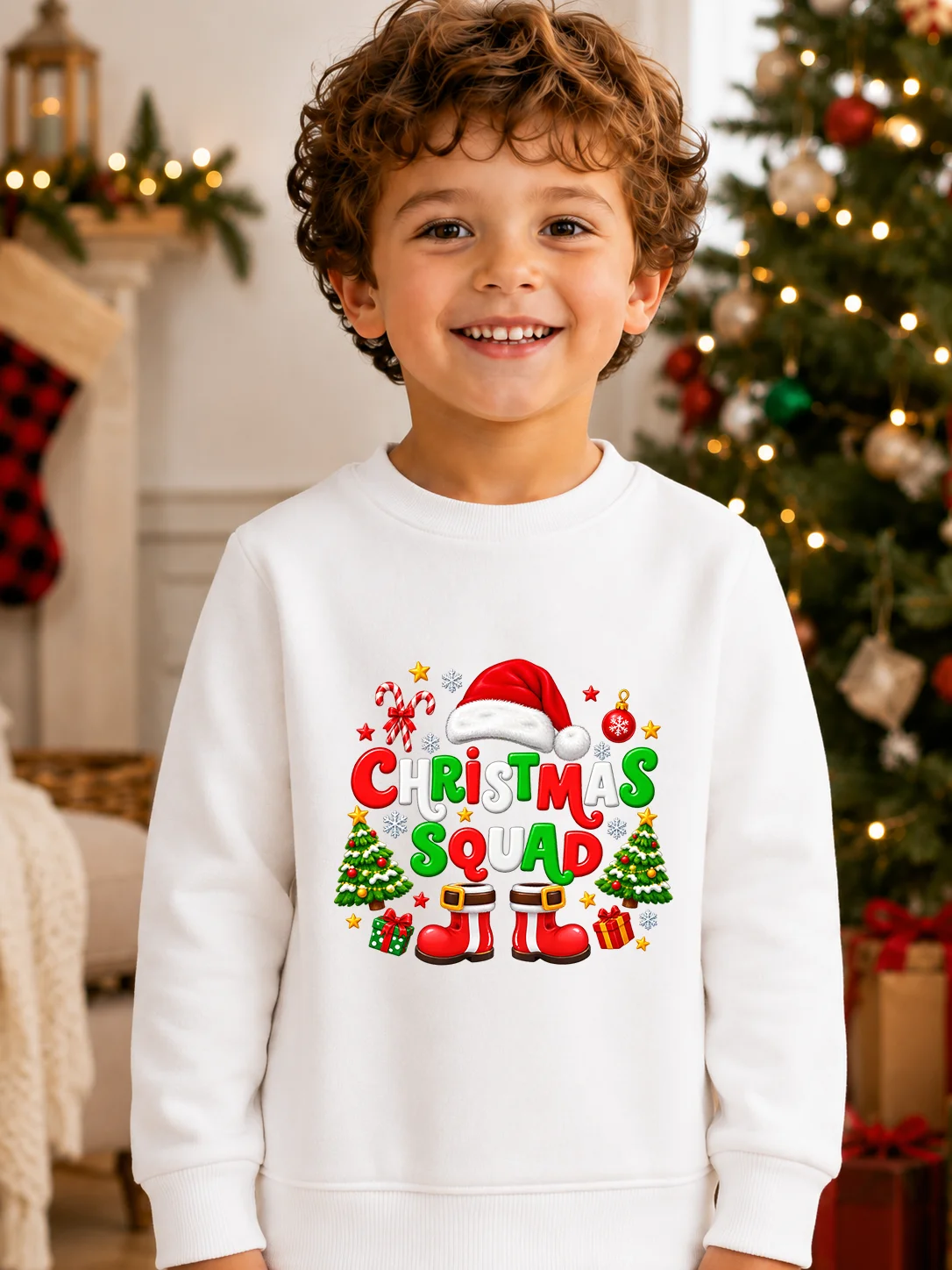 Christmas Kids Crew Neck Sweatshirt Christmas Squad Cartoon Element Print Boys Long Sleeve Pullover Toddler Holiday Top