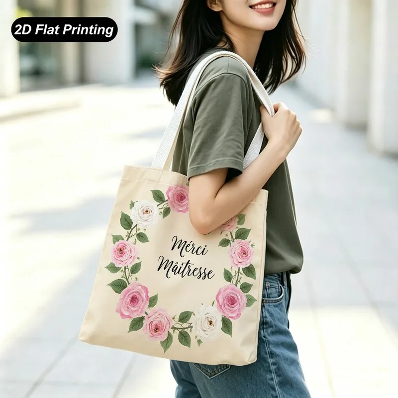 1PC【Tote Bag】2DFlat effect，Pink and white rose wreath print pattern，Lightweight and large capacity，Adapted shopping、Daily Co