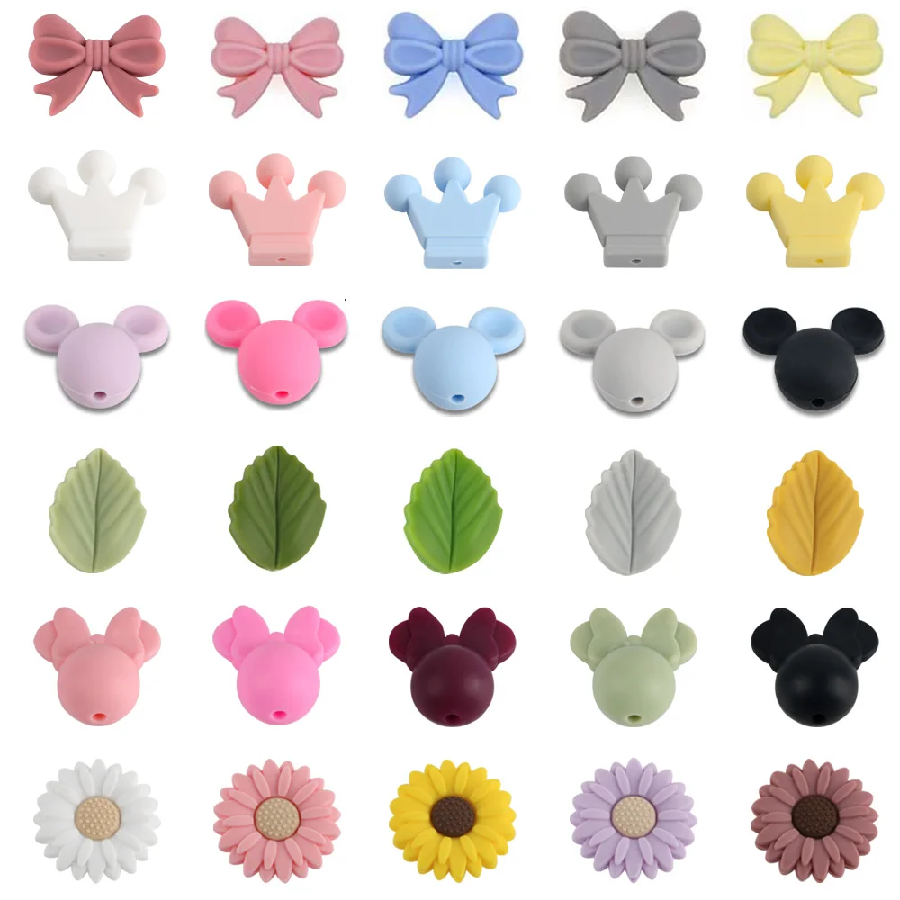 10Pcs/lot Mini Silicone Beads Bow Crown Leaf Flower For Jewelry Making DIY Pacifier Chain Bracelet Accessories