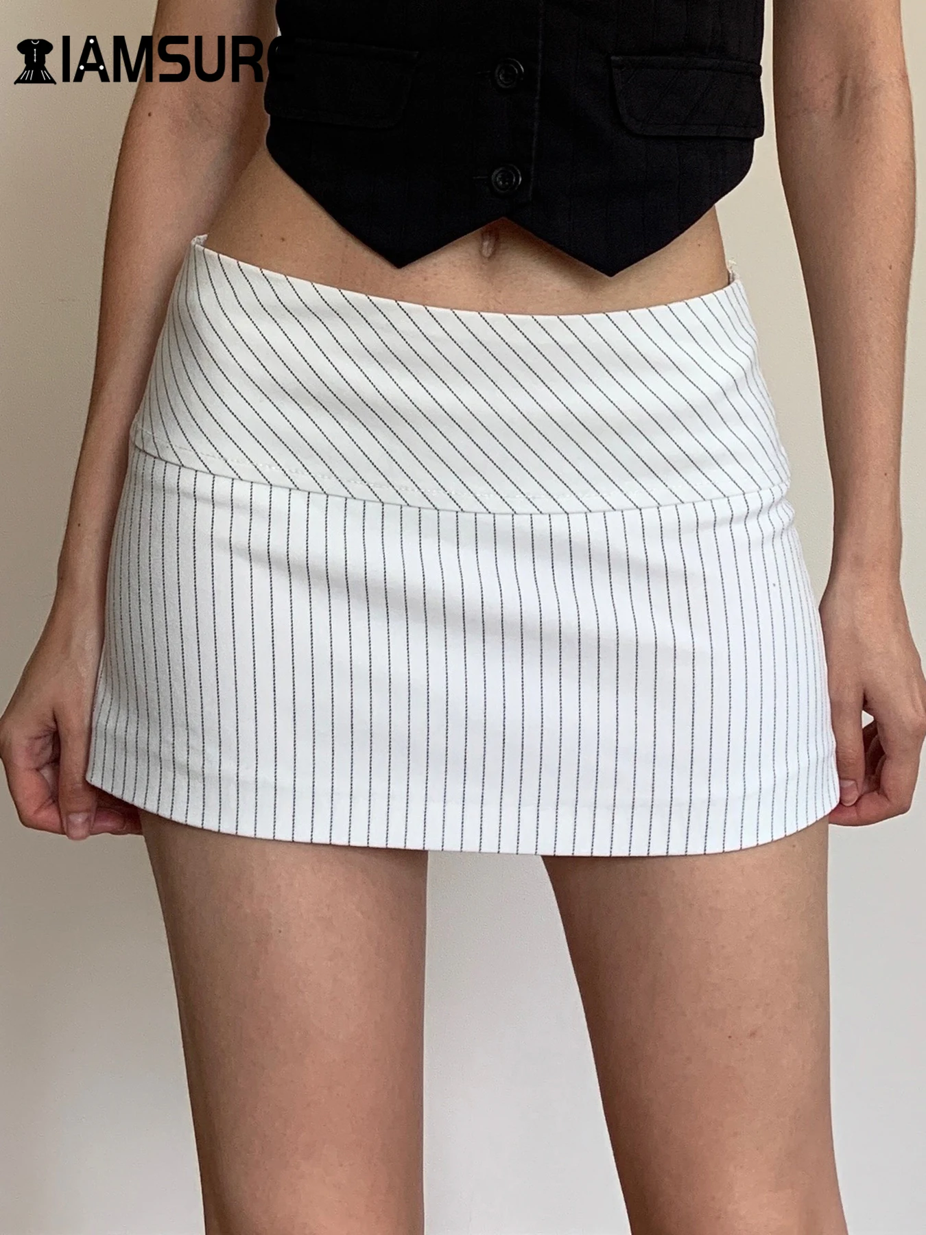 IAMSURE Elegant Fashion Stripped Straight Skirt Office Ladies Casual Slim Low-Waisted Super Mini Skirts Women 2024  Streetwear