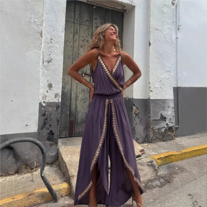 

Golden Ribbon Trimmed Waist Cinched V-neck Loose Suspender Jumpsuit For Elegant Women In Summer Purple Asymmetrical Jumpsuit