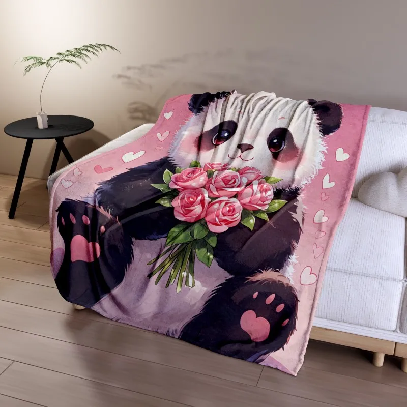 Cute Panda Rose Heart Print Flannel Blanket, Soft Microfiber Throw Blanket for Sofa Bedroom, Sweet Home Decor Gift