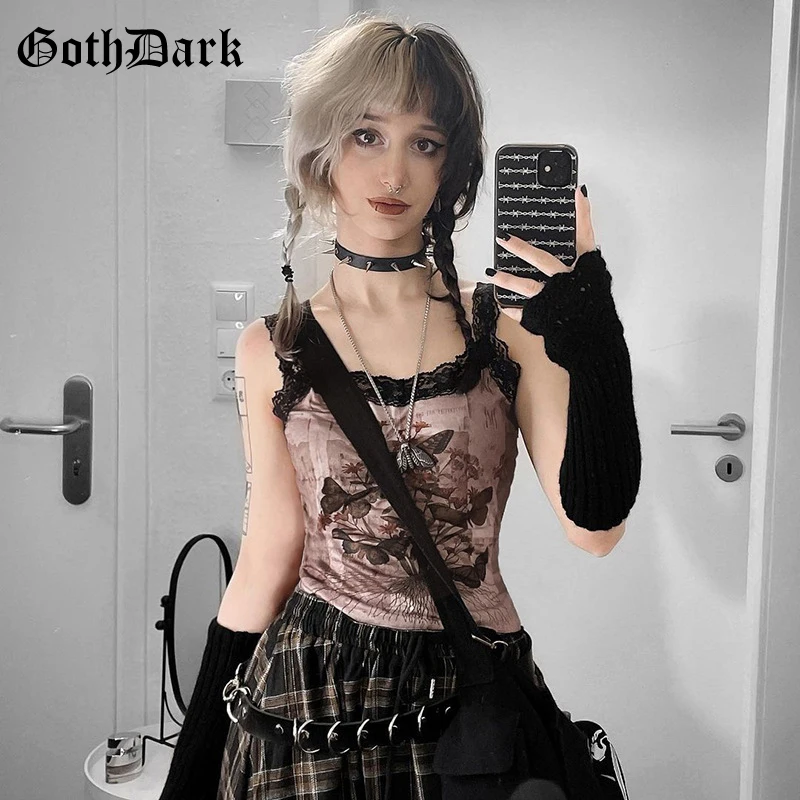 

Goth Dark Fairy Butterfly Print Straps Tank Top E-Girl Grunge Lace Patchwork Crop Tops Y2K Alt Slim Vest Women Streetwear Gothic