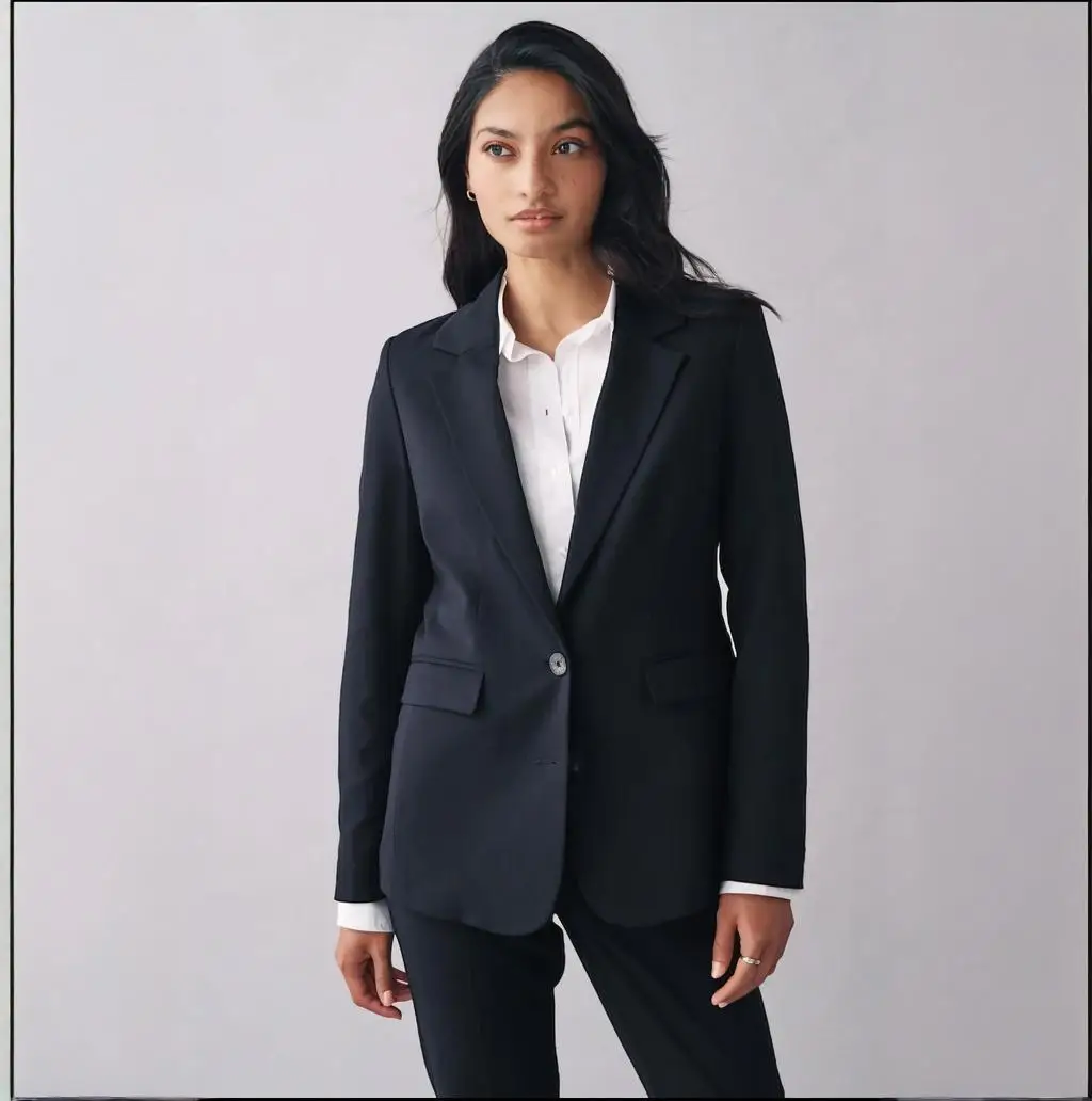 Costume d'affaires 2 pièces bleu marine pour femmes, Blazer à bouton unique, tenues de travail de bureau décontractées, ensemble pantalon élégant personnalisé