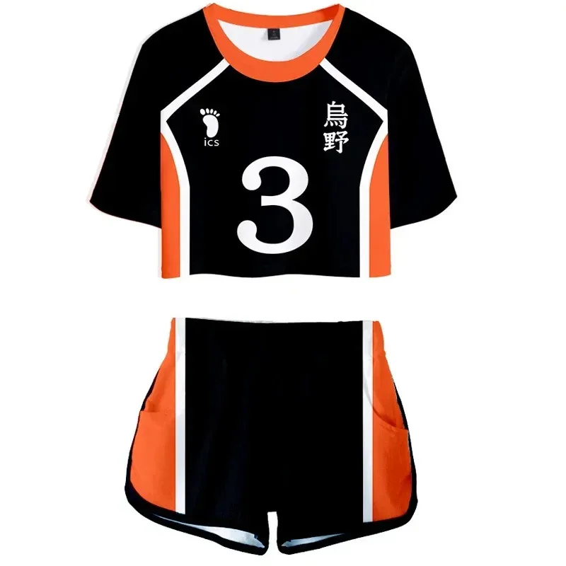 Anime Haikuu 여성 코스프레 의상 대회 전용 치어 리더 노출 배꼽 반팔 반바지 여름