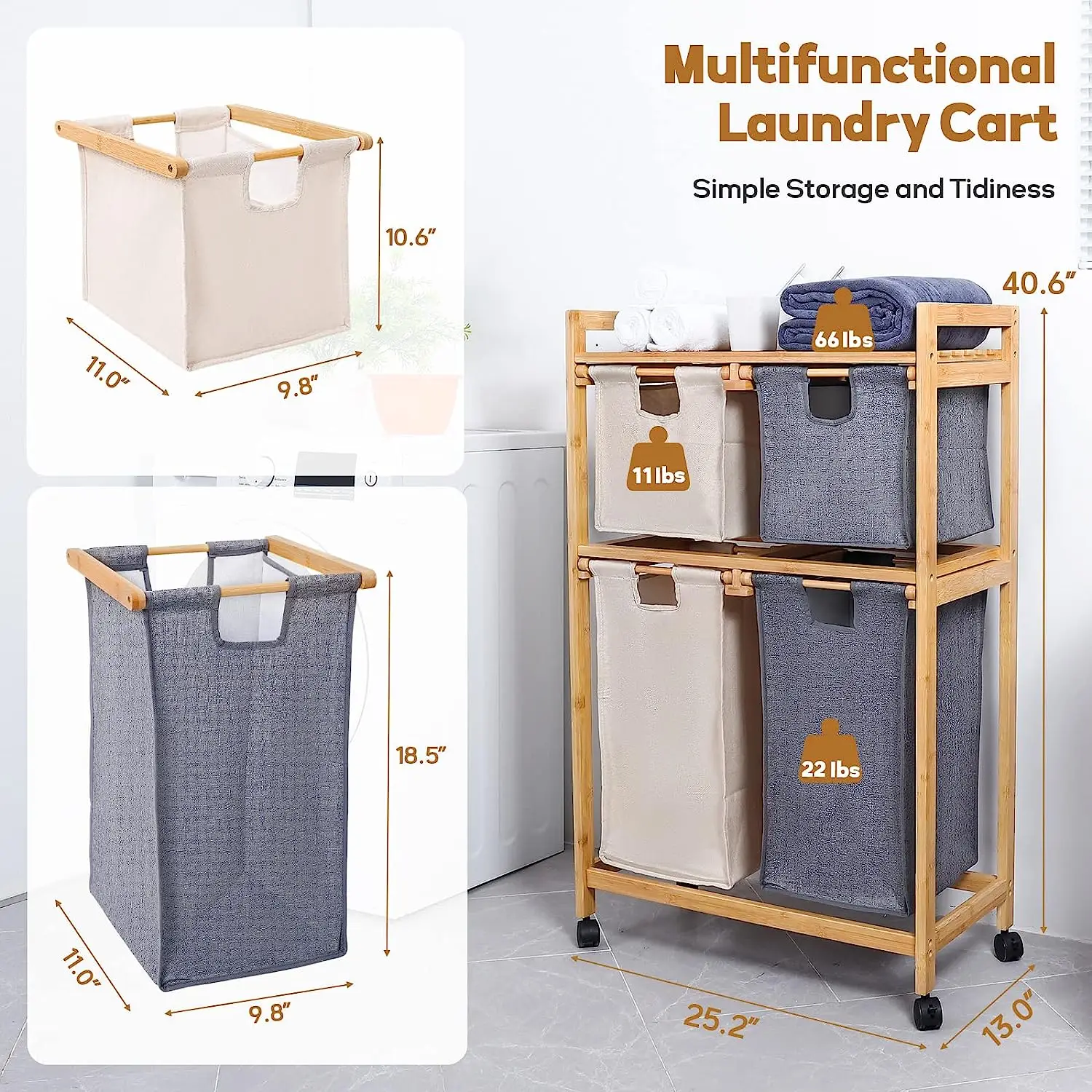 ！@Combohome Bamboo Large Laundry Hamper Freestanding Laundry Sorter Organizer 4 Section Laundry Basket with Top