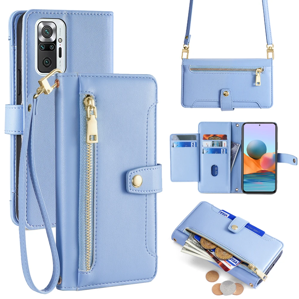 Zipper Wallet Phone Case Cover for Xiaomi Redmi Note 11T 10 Lite 10S 9 8 7 Pro Crossbody Phone Case With 2 Strap Cord Funda