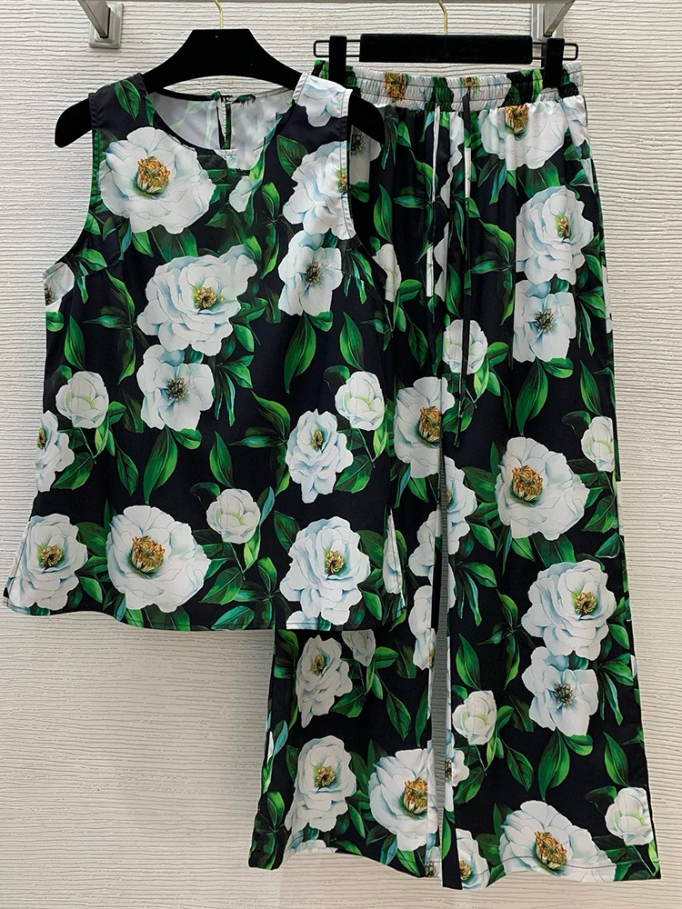 

Fashion printed women's suit round neck split sleeveless vest top elastic waist wide-leg trousers summer new two-piece suit