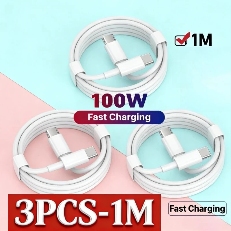 Novo Cabo de Carregamento Super Rápido USB C para USB C PD 100W 3/1PCS, Cabo de Sincronização de Dados para iPhone 15 15Pro Huawei Samsung Xiaomi Branco 1M