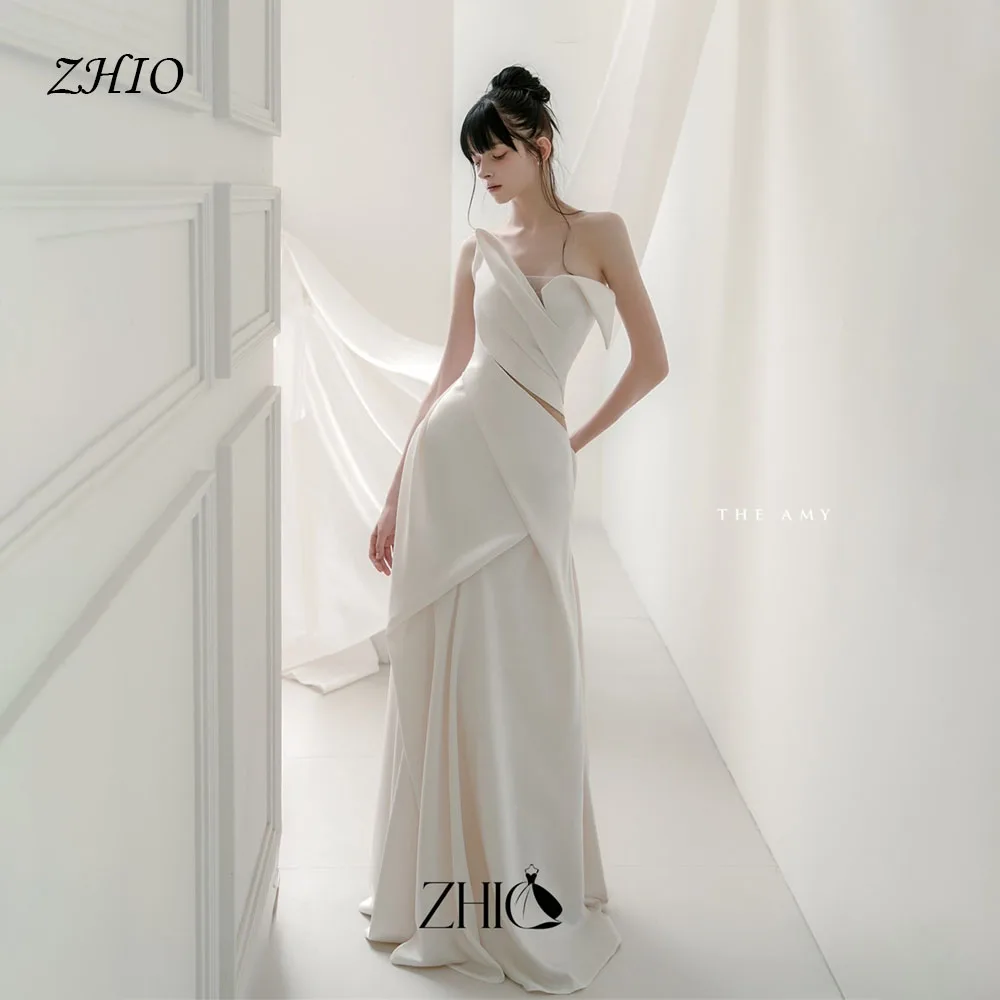 ZHIO Irregular Collar Pleated Satin Bridal Gown Korean Ruched Floor Length Wedding Dress Outdoor Shoot Vows Bridal Party Custom