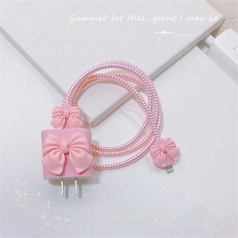 Korea Cute Pink Bow Soft Silicone Charger Case For IPhone 11 13 14 15 18W-20W Fast Charge Protection Cover Clear Charger Sleeve